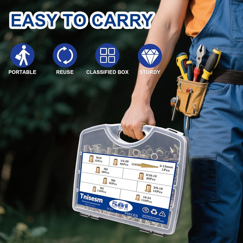Tnisesm Rivet Nut Tool Kit with 501Pcs Rivet Nuts(10-24，1/4-20, 5/16-18, 3/8-16, M5, M6, M8, M10) 8Pcs Metric & SAE Mandrels, Step Drill Bit and Rugged Carrying Case Nutsert Tool Kit - Image 2